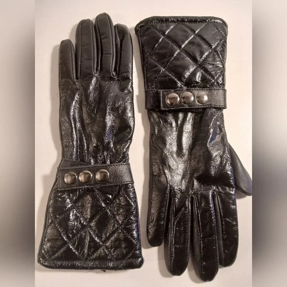 Kenneth Cole N Y Women's Shiney Black Long Textured Studded Gloves